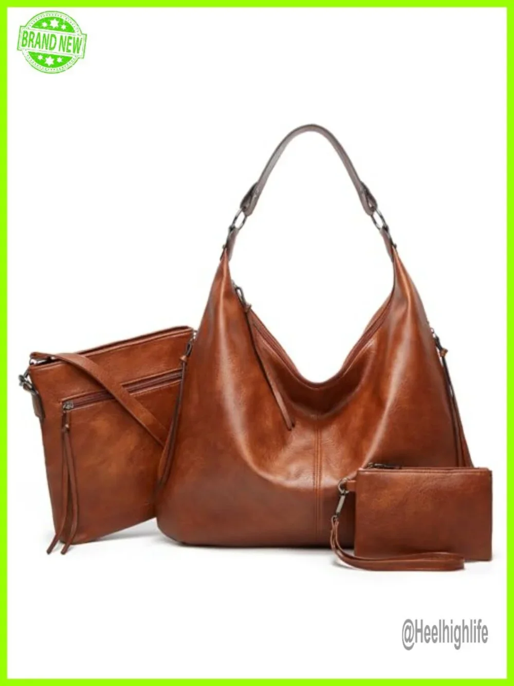 PU Leather 3-in-1 Hobo Crossbody Shoulder Handbag Set Large Capacity